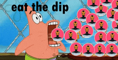 a cartoon character says eat the dip in front of a bunch of pink circles