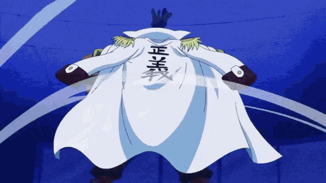a man in a white coat with chinese writing on his back