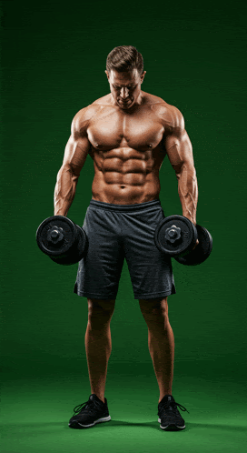 a muscular man is holding a pair of dumbbells in his hands