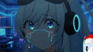 a girl wearing headphones and a mask has a santa hat on
