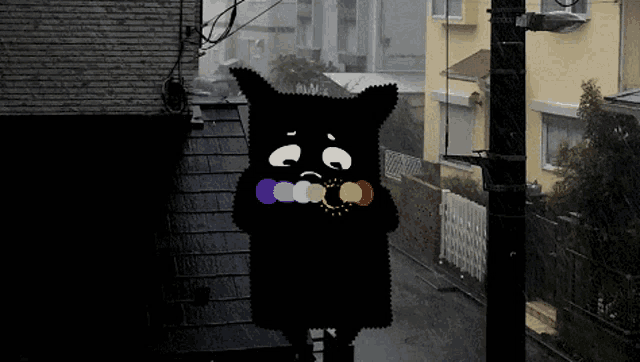 a cartoon of a black cat with a rainbow colored mouth
