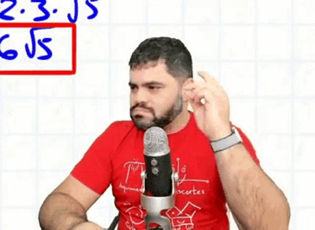 a man with a beard is sitting in front of a microphone and talking into it .