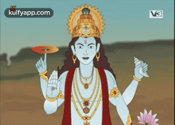 a cartoon of a deity holding a lotus flower and a cymbal