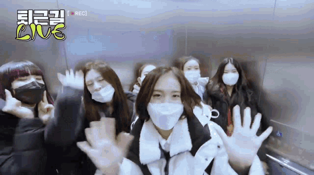 a group of girls wearing face masks and gloves in an elevator with the word live written above them