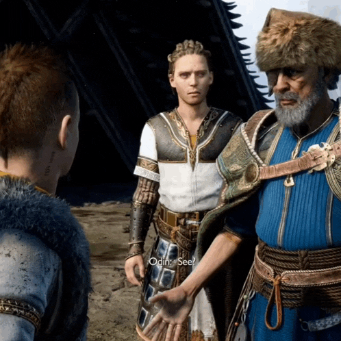 a video game screen shows a man asking another man if he can see odin
