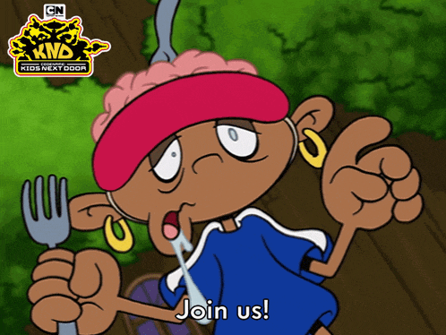 a cartoon character holding a fork with the words join us on the bottom