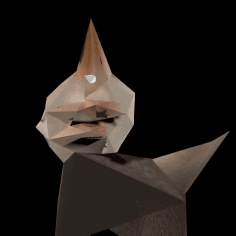 a low poly cat on a black background looks like a fox