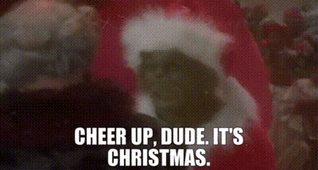 the grinch is wearing a santa hat and saying `` cheer up , dude . it 's christmas . '' .