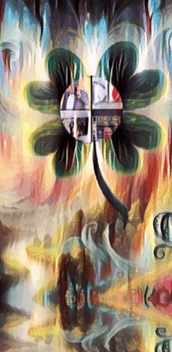 a colorful painting of a flower with a reflection of a man in it