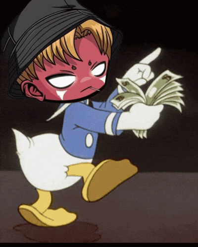a cartoon drawing of donald duck holding a stack of money