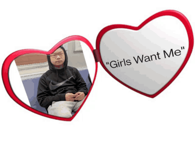 a heart shaped mirror with a picture of a boy and the words " girls want me "