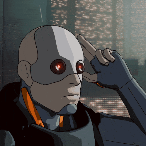 a drawing of a robot with red eyes and a glove on