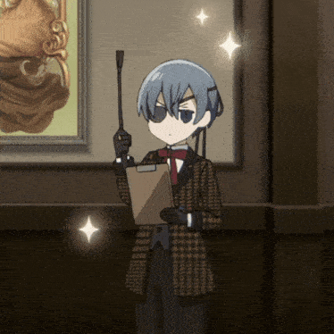 a cartoon character holding a clipboard and a sword