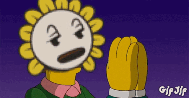 a cartoon character with a sunflower on his head and the words gif jif below him