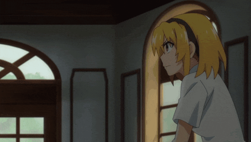 a girl with blonde hair is standing in a room with arched windows
