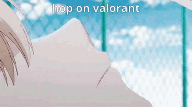a couple of anime characters are kissing with the words hop on valorant written above them