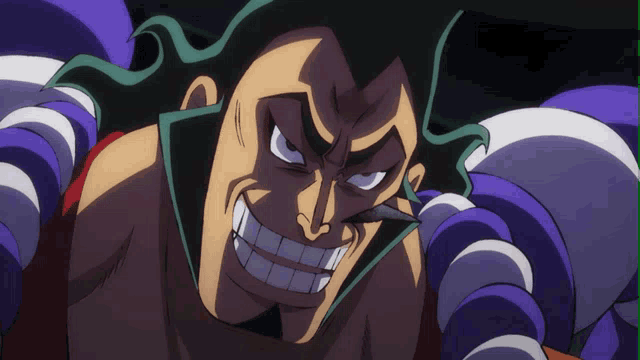 a close up of a cartoon character with a large smile on his face