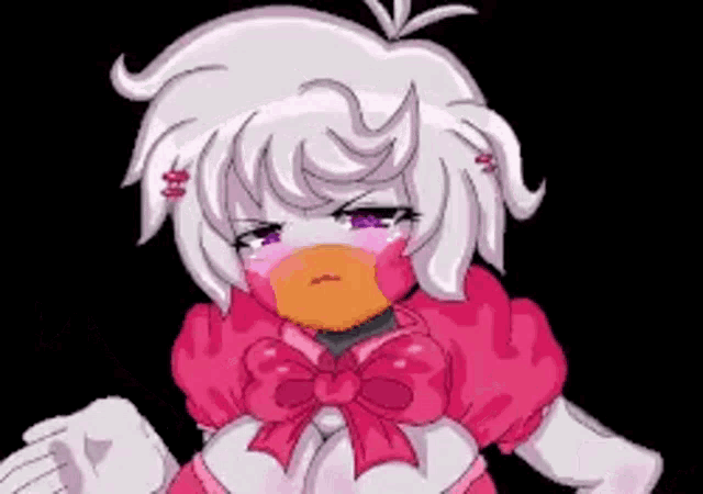chica from five nights at freddy 's is a girl with white hair and a pink bow on her dress .