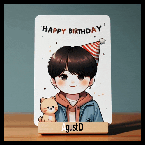 a happy birthday card for agust d shows a boy wearing a party hat