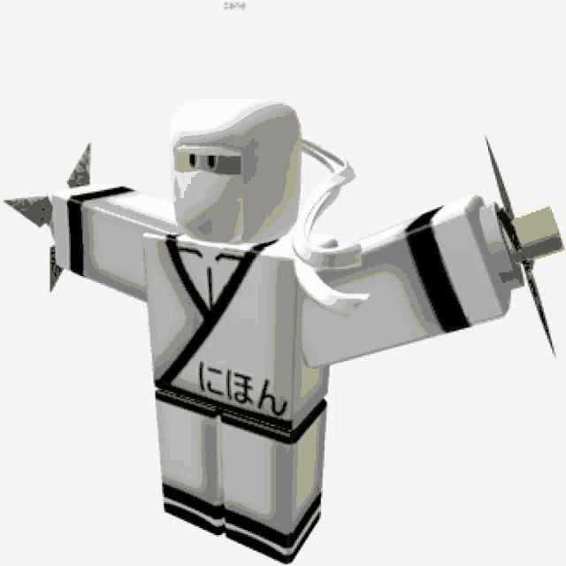 a white ninja with chinese writing on his sleeve
