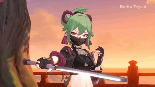 a girl with green hair is holding a sword in front of a tree with the words berita teyvat on the bottom
