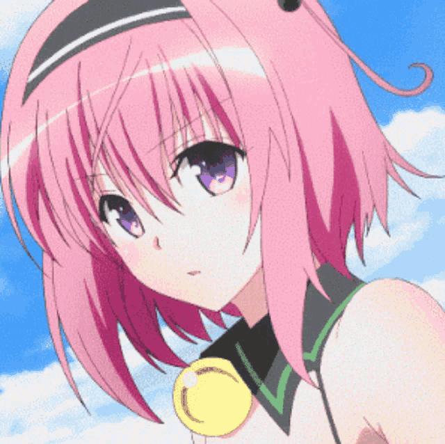 a girl with pink hair and purple eyes is wearing a yellow circle around her neck