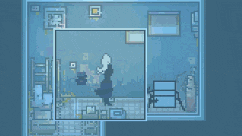 a pixel art of a person standing in a room with the letter b visible