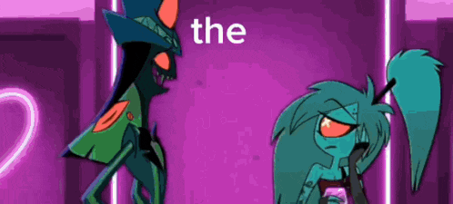 a couple of cartoon characters are standing next to each other in front of a purple wall .