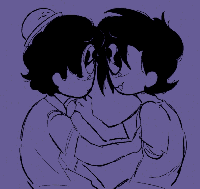 a drawing of two cartoon characters kissing with one wearing a hat