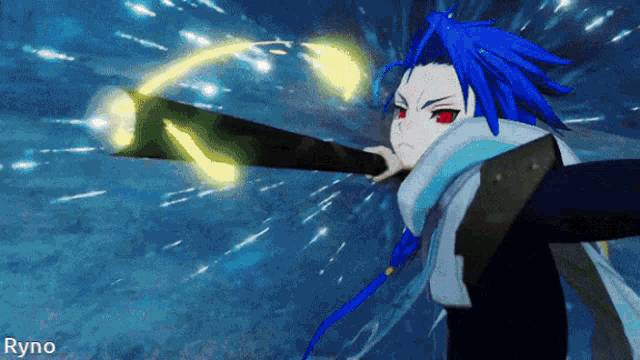 a cartoon character with blue hair and red eyes is holding a sword and says ryno on the bottom right