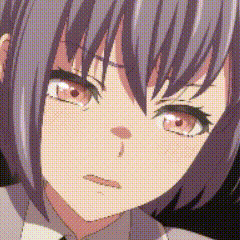a close up of a anime girl 's face with purple hair and red eyes
