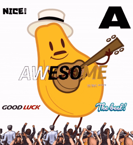 a cartoon character holding a guitar with the words awesome and good luck written on it