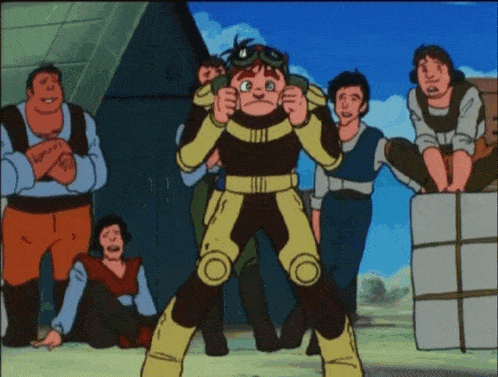 a group of people are gathered around a cartoon character with a goggles on