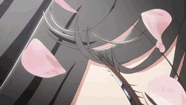 a close up of a person 's face with pink petals coming out of it
