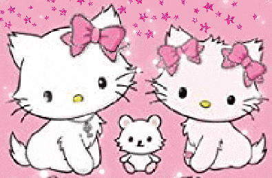 three hello kitty cats with pink bows on their ears are sitting on a pink background .