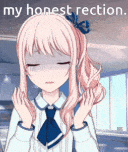 a girl with pink hair is making a face with her eyes closed and the words " my honest reaction " written above her