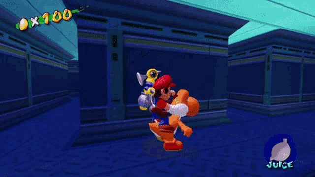 a cartoon character is riding a scooter in a dark hallway with a juice icon in the corner