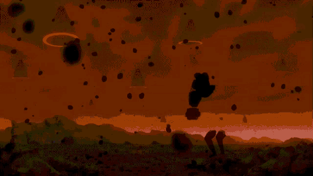 a painting of a landscape with a red sky and a few circles