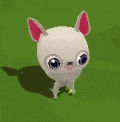a white chihuahua with pink ears and blue eyes is standing in the grass .