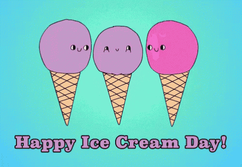 a happy ice cream day card with three ice cream cones on a blue background