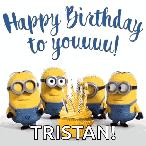 a group of minions standing around a cupcake with candles and the words happy birthday to you ! tristan !