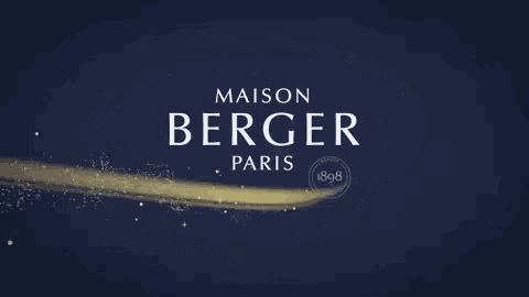 a poster for maison berger paris with a blue background and gold swirls