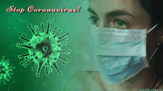 a woman wearing a mask with the words stop coronavirus