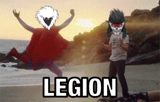 a man in a white shirt is standing next to a man in a red cape with the word legion written on the bottom