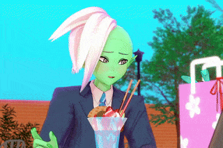 a green anime character with white hair is holding a bowl of food