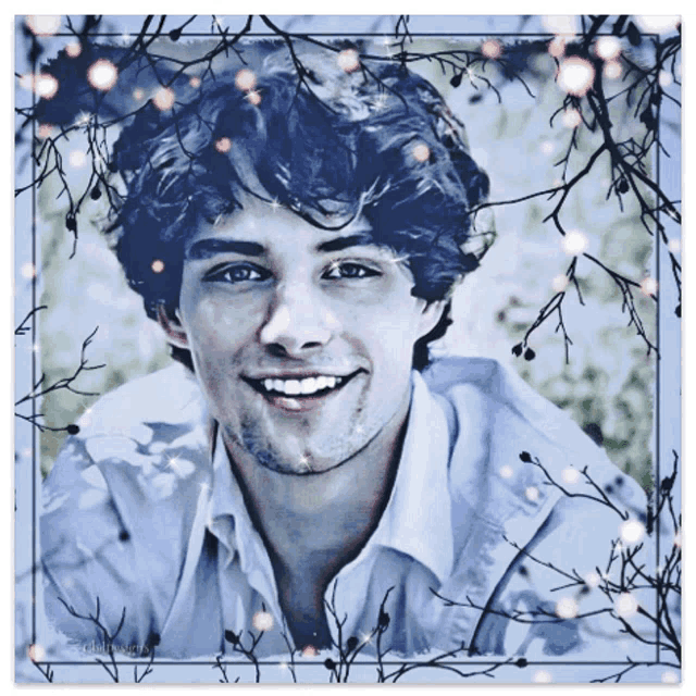 a painting of a smiling man surrounded by branches with a watermark that says ' chris ' on the bottom