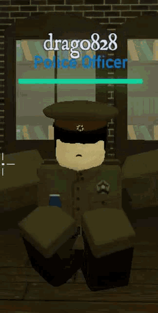 a police officer in a video game is holding a gun and a book .