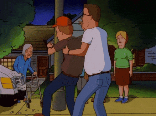 a cartoon shows a man holding a gun while a woman with a walker watches