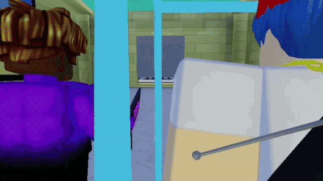 a cartoon character with a purple shirt and blue hair is standing next to another character