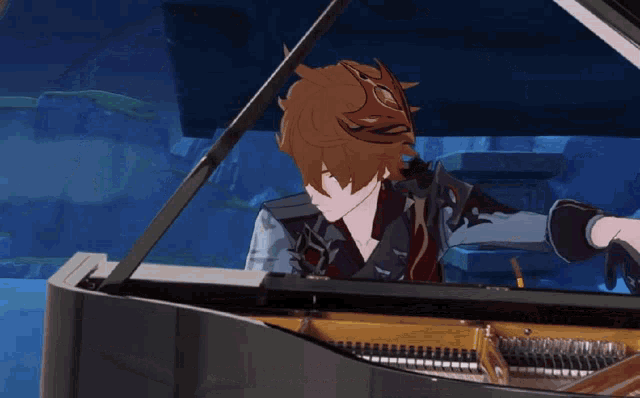 a video game character is playing a piano